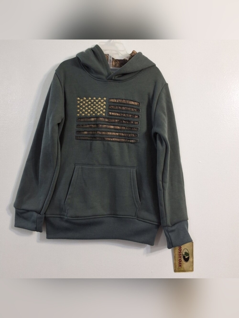 Mossy Oak Boys Dark Grey American Flag Camo Lined Hoodie, Size 7, New With Tag